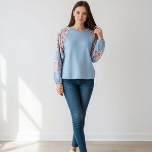 POL Blue Waffle Knit Balloon Floral Long Sleeve Women's Top - SMALL- NWOT